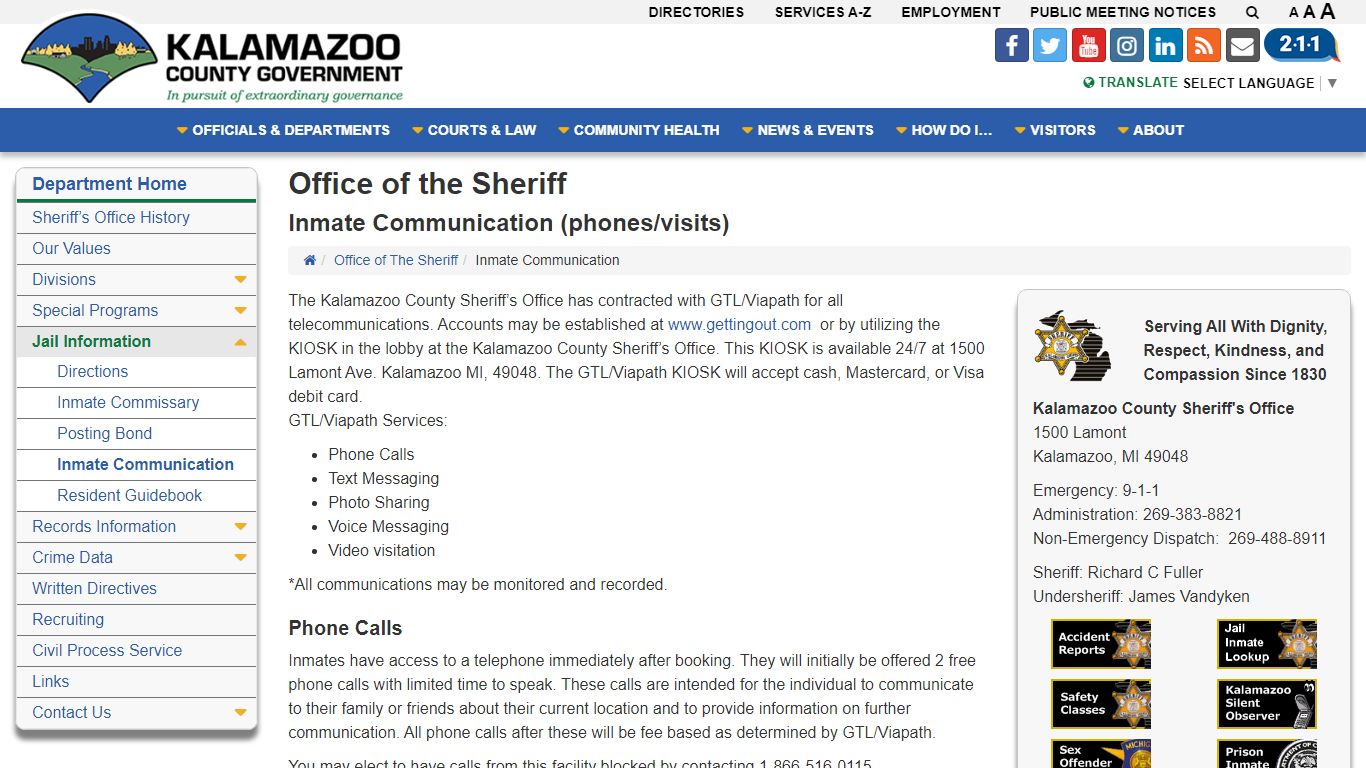 Inmate Communication - Office of the Sheriff - Kalamazoo County, Michigan